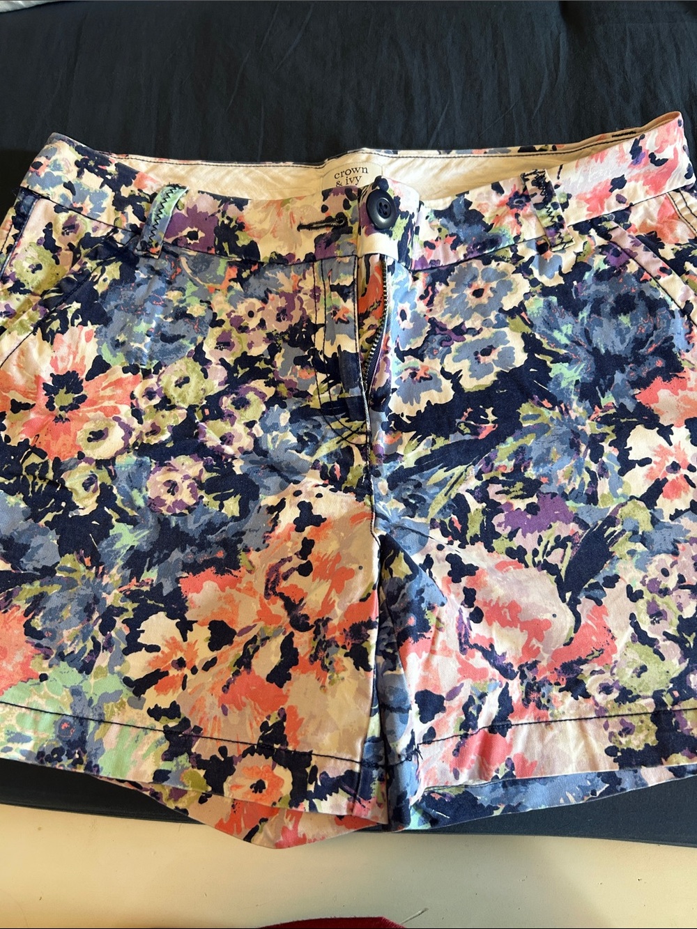 crown & ivy Floral Print Jean Shorts in Navy, Coral & Lavender